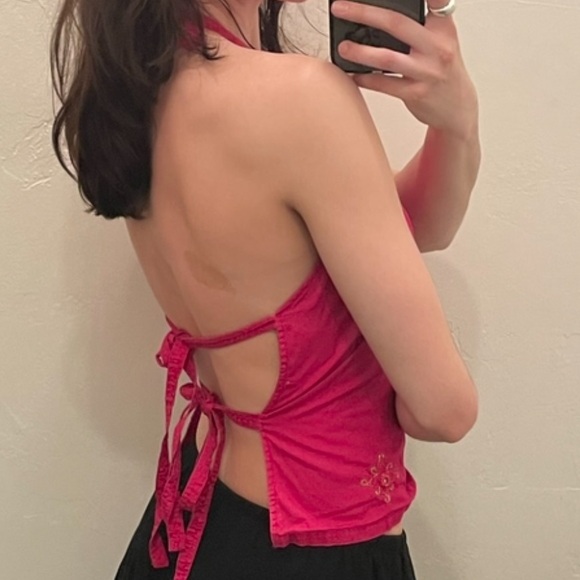 Miss Selfridge Pink Embroidered Halterneck Tie Back Top - Picture 2 of 6